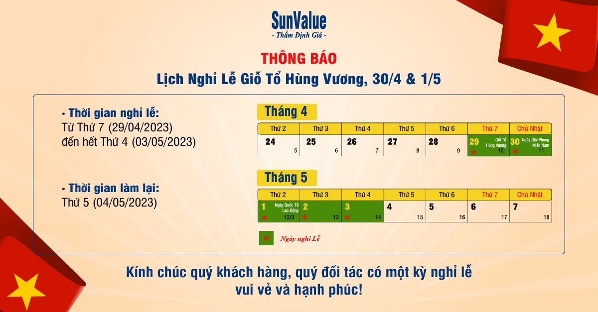 THÔNG BÁO LỊCH NGHỈ LỄ GIỖ TỔ HÙNG VƯƠNG, 30/4 & 1/5