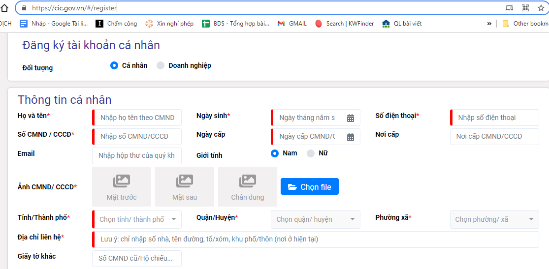 Màn hình trang đăng ký tài khoản trên website cic.org.vn