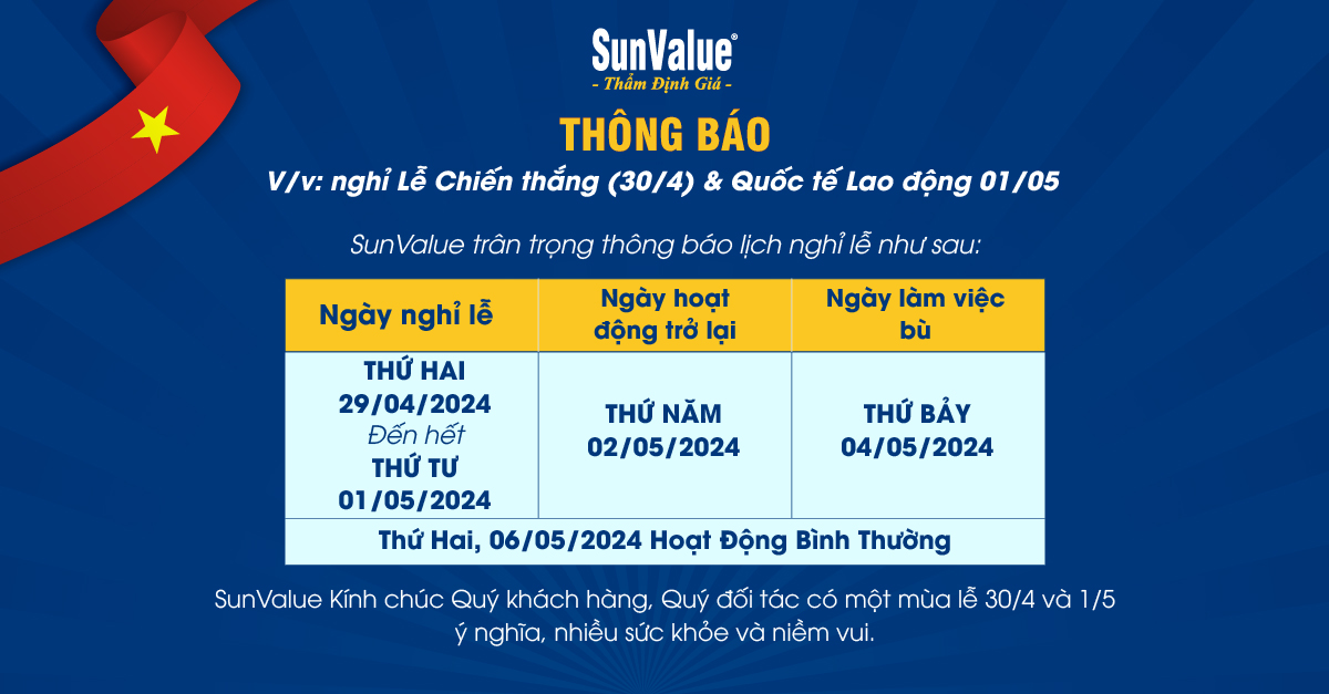 SunValue THÔNG BÁO LỊCH NGHỈ LỄ 30/4, 1/5 NĂM 2024