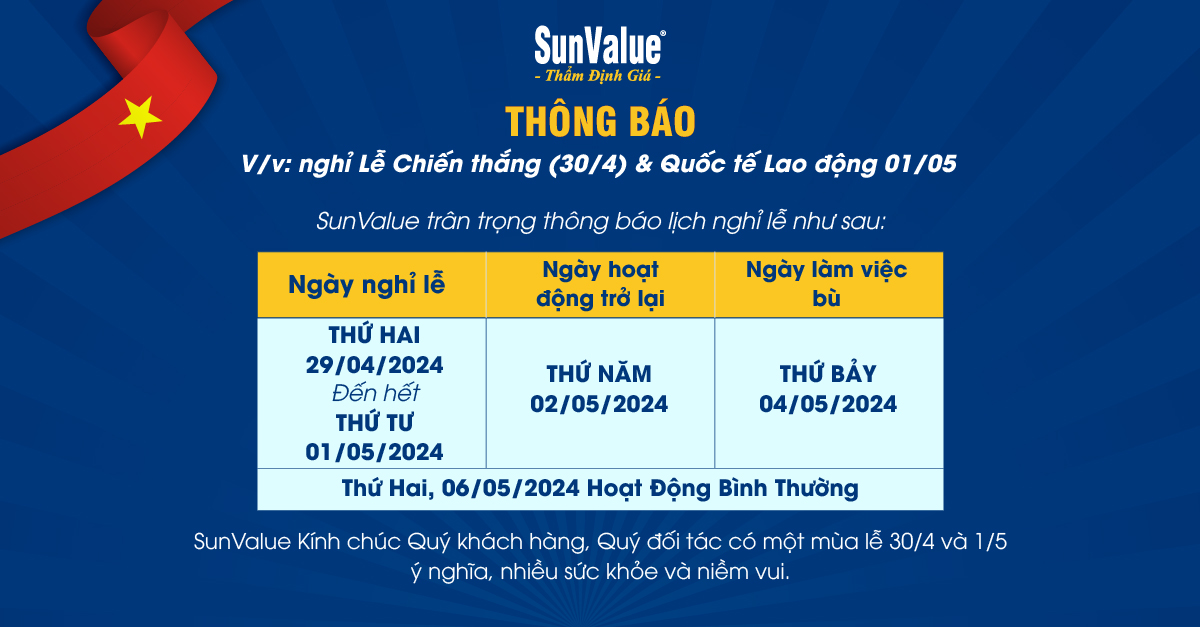 SunValue THÔNG BÁO LỊCH NGHỈ LỄ 30/4, 1/5 NĂM 2024