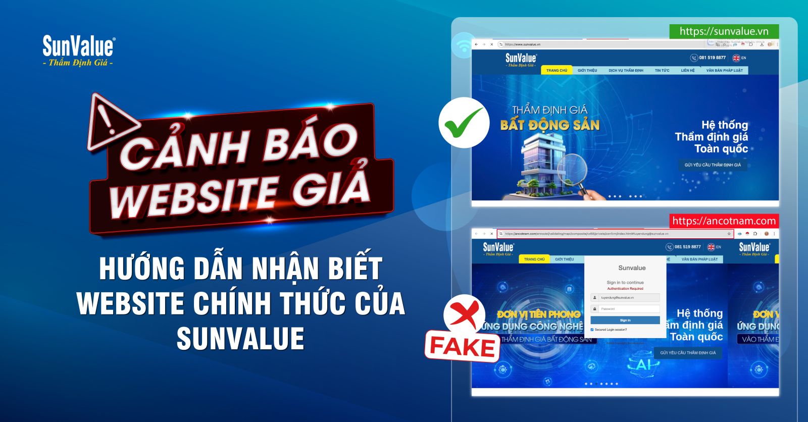 SunValue cảnh báo website giả mạo